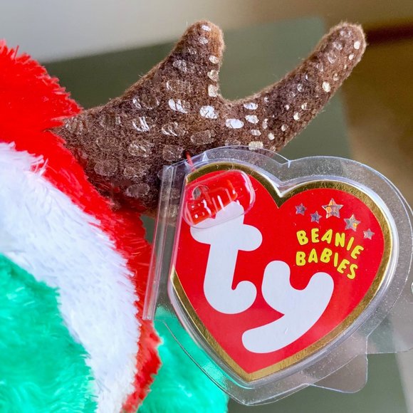 2002 4564 Green Holiday Teddy Bear Reindeer Hat Christmas Ty Beanie Baby MWMT - Picture 3 of 9